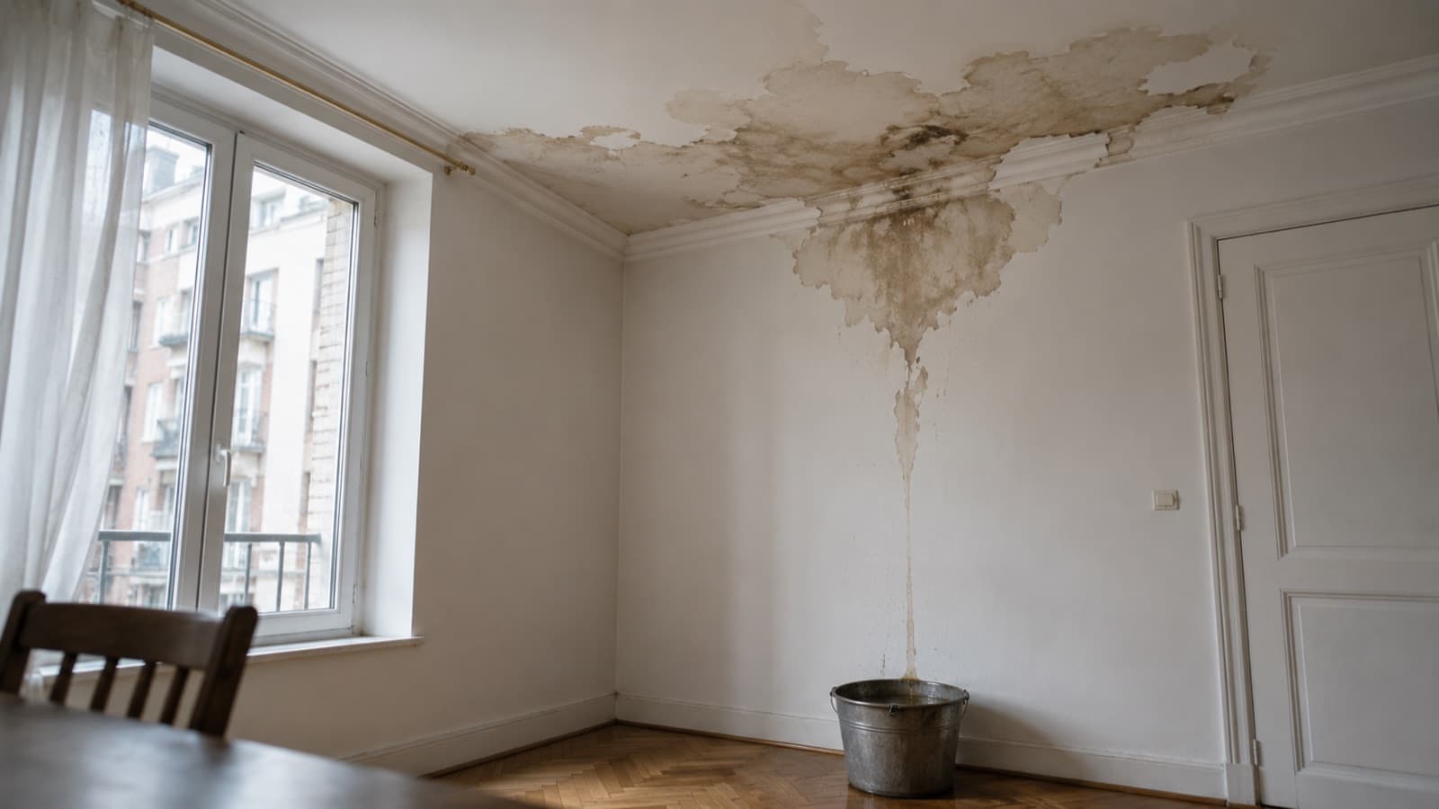 Intérieur d'une pièce touchée par un dégât des eaux à Bruxelles